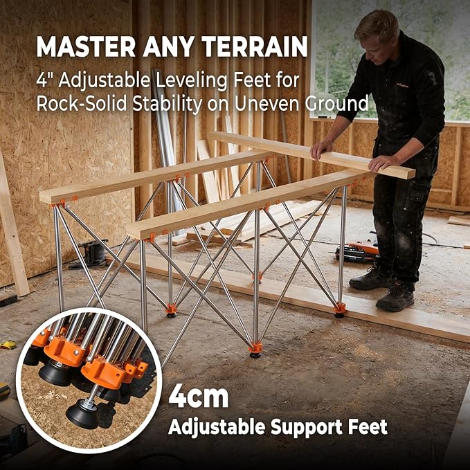 2'x4' Heavy Duty Portable Folding Workstand - 2,500 lbs Capacity Collapsible Workbench with Thickened Legs, Round Steel X-Braces & 4" Adjustable Leveling Feet - Instant Setup for Jobsite & Garage