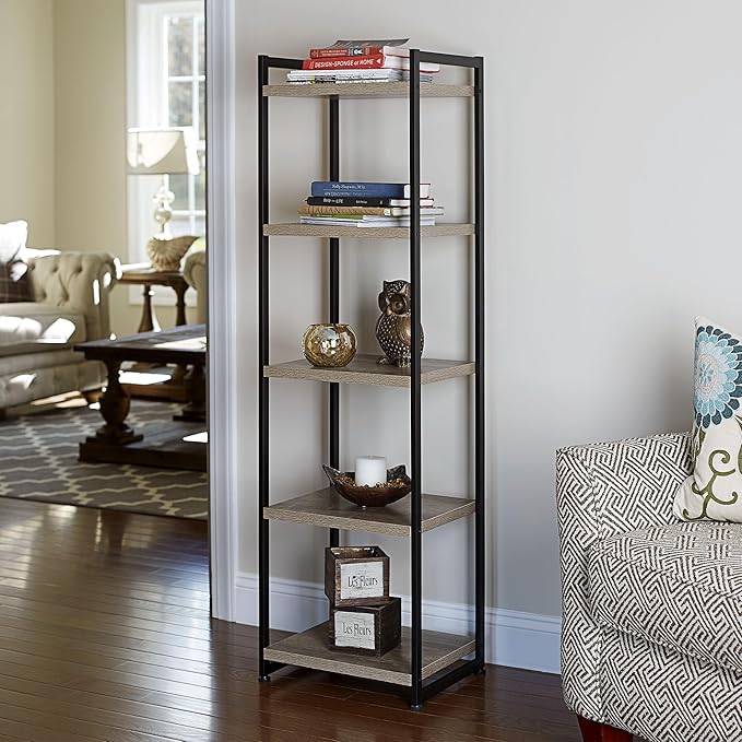 Household Essentials 5 Tier Storage Tower Metal, Grey Shelf – Black Frame, Ashwood