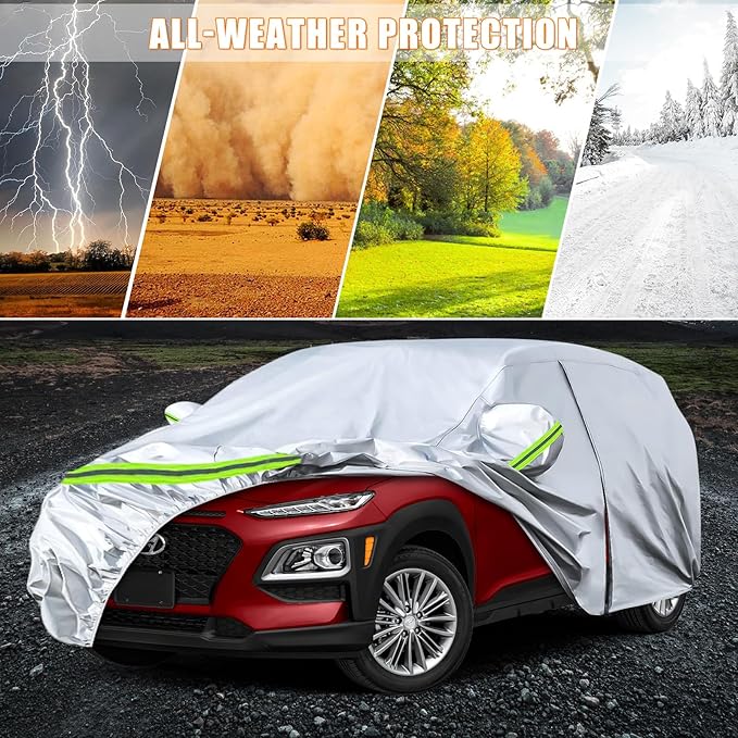 Waterproof Car Covers Replace for 2018-2025 Hyundai Kona, 6 Layers Silver All Weather Custom-fit Car Cover with Zipper Door & Windproof Bands for Snow Rain Dust Hail Protection
