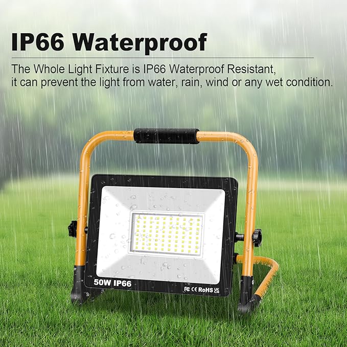 Willpower Portable LED Work Light 50W Job Site Lights 5000LM IP66 Waterproof Construction Floodlights Outdoor with Stand 6000K Daylight White for Camping Workshop Garage with 3.5m Wire Plug