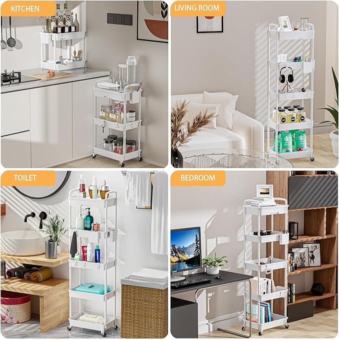 5 Tier Rolling Utility Cart with Drawer,REBECAT Utility Cart Made of Multifunctional Storage Organizer Tool for Kitchen,Bathroom,Living Room,Office(White)
