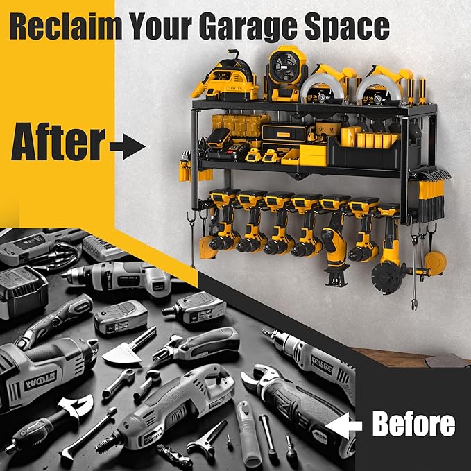 Power Tool Organizer Wall Mount, 7 Slots Cordless Drill Holder Storage Rack, Heavy Duty Battery Tools Holder with Shelf for Charging Station, for Garage Organization, Workshop