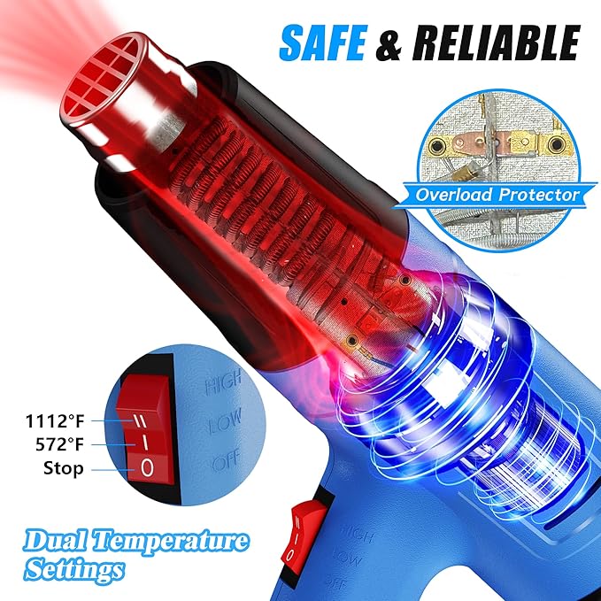 Heat Gun Toolbox Set 572 &1112 ℉ Temperature Control Adjustable 4 Nozzles Durable Fast Heating High Temperature Air Gun Overload Protection Suitable for Handmade, Heat Shrink Tube, Heat Shrink Film