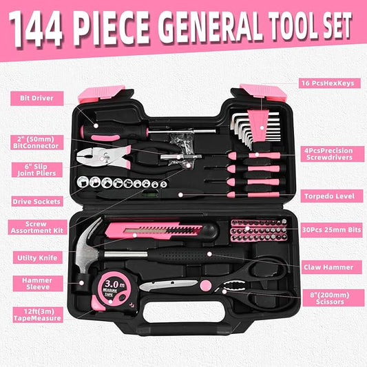 144-Piece Pink Tool Kit Basic Home Repair Tool Set General Household Hand Tool Kit Small Tool Kit with Plastic Toolbox basic home tool kit for Women, Office & College Repairs