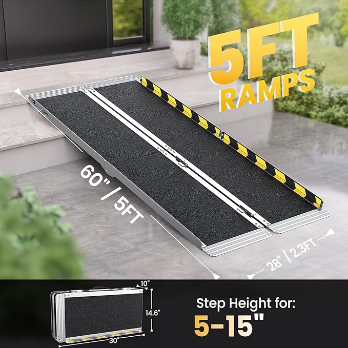 5 Feet Portable Wheelchair Ramp, 600 LBS Capacity Folding Aluminum Threshold Ramp with Anti-Slip Surface, Mobility Access Handicap Ramp for Home Steps, Doorway, Stairs, Doorways, Scooter