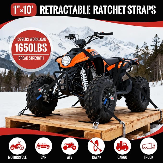 TLGREEN Retractable Ratchet Straps,Black,8 Pack,1” x 10’1650lb Break Strength Heavy Duty Auto Self Retracting Tie Down Straps for Truck, Cargo, Motorcycle, ATV, UTV,Boat