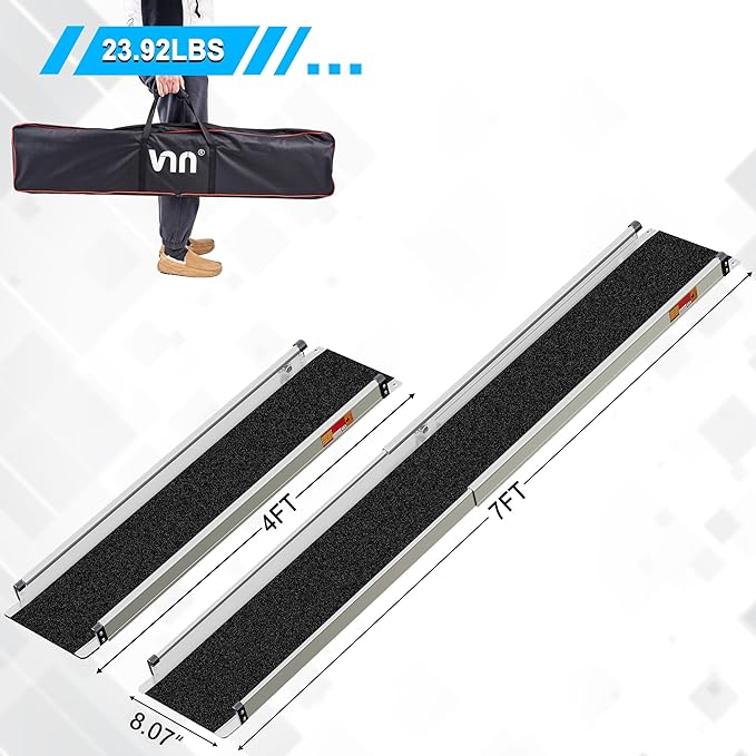 VNN Adjustable Wheelchair Ramp, 4-7 FT Portable Wheelchair Ramp for Home Step, Door Threshold Wheelchair Ramps for Home, Non-Slip Aluminum Scooter Ramp for Car, Doorways, Curbs, Stairs