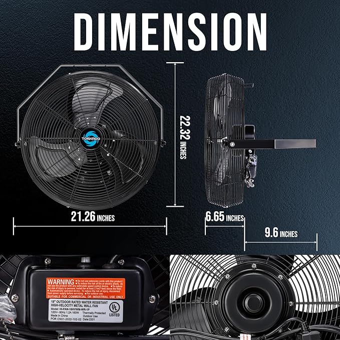 Tornado 2 Pack 18 Inch Outdoor Rated IPX4 Water-Resistant High Velocity Industrial Wall Mount Fan For Commercial, Industrial, Greenhouse Use 3 Speed 4150 CFM 1/6 HP 6.6 FT Cord UL Safety Listed