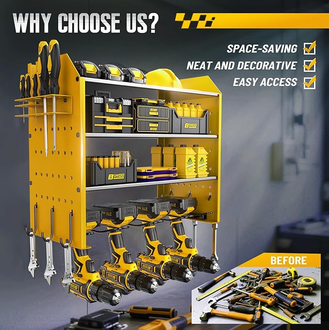 Heavy Duty Rack for Power Tool Organizer, 4 Tier Power Tool Organizer Wall Mount for Drills, Tool Battery Storage, Wall Holder with Hooks,Yellow