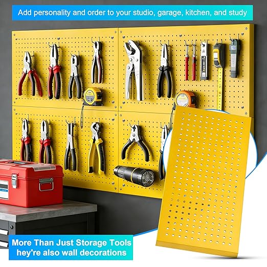Heavy-Duty Metal Pegboard Panels 4 Pack - 24x12 Inch Reinforced Steel Wall Storage, Scratch & Rust Resistant Tool Organizer for Garage, Shed & Utility Room, Yellow