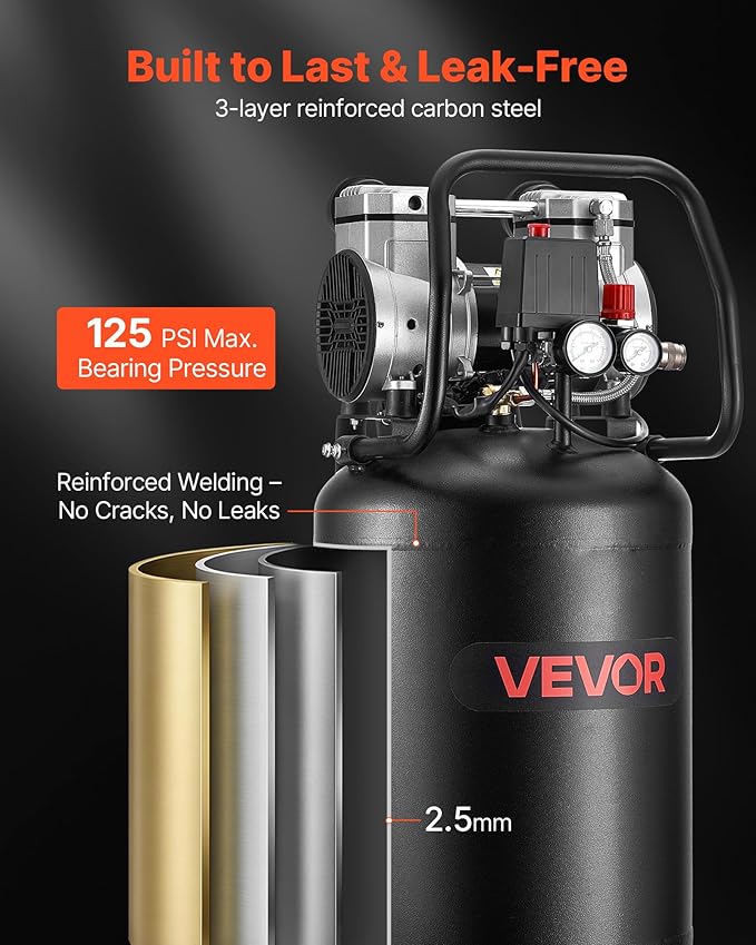 VEVOR 10-Gallon Air Compressor, 2HP 4.8 SCFM at 90PSI, Max 125PSI Pressure Oil-Free Air Compressor Tank, Portable on Wheels for Auto Repair, Tire Inflation, Spray Painting, Woodwork Nailing, 120V