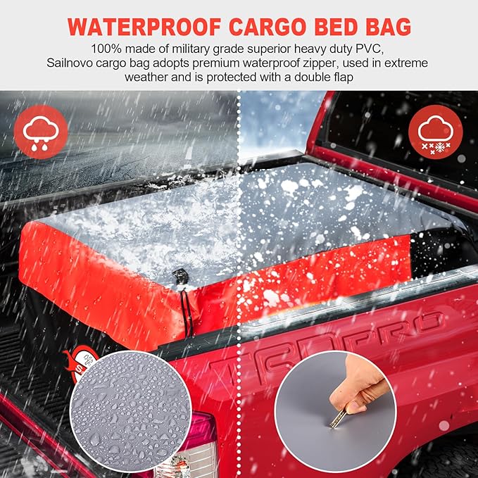 Sailnovo Truck Bed Cargo Bag, 26 Cubic ft Waterproof Cargo Bag for Truck Bed, Heavy Duty PVC Truck Cargo Bag Fits Any Truck Size with 6 Stretch Cord, Packing Bag (50''x40''x22'') Red