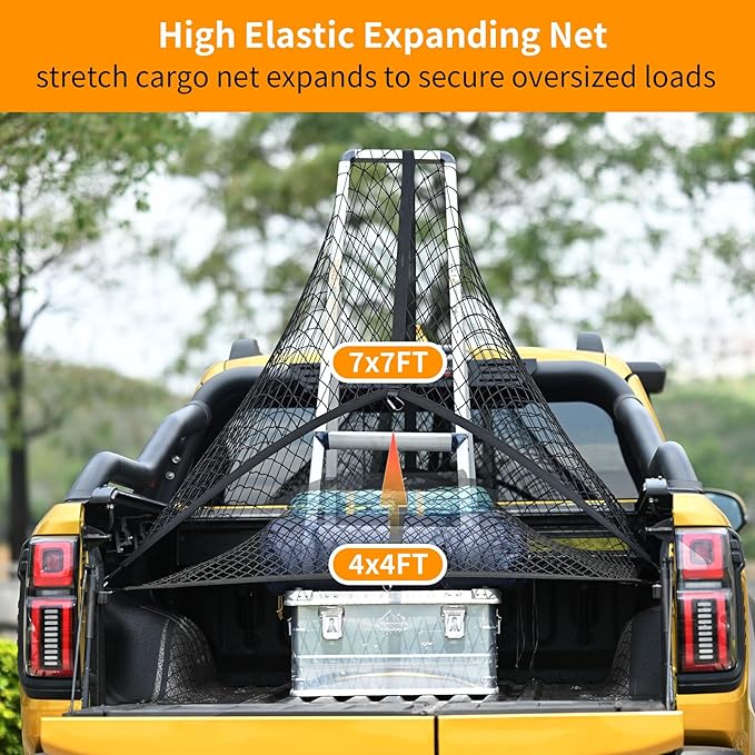 Highly Elastic Cargo Net - Heavy-Duty Truck Bed Cargo Net for Pickup Trucks, Vans, and SUVs | 4x4 FT Stretches to 7x7 FT, Perfect for Daily Light Loads