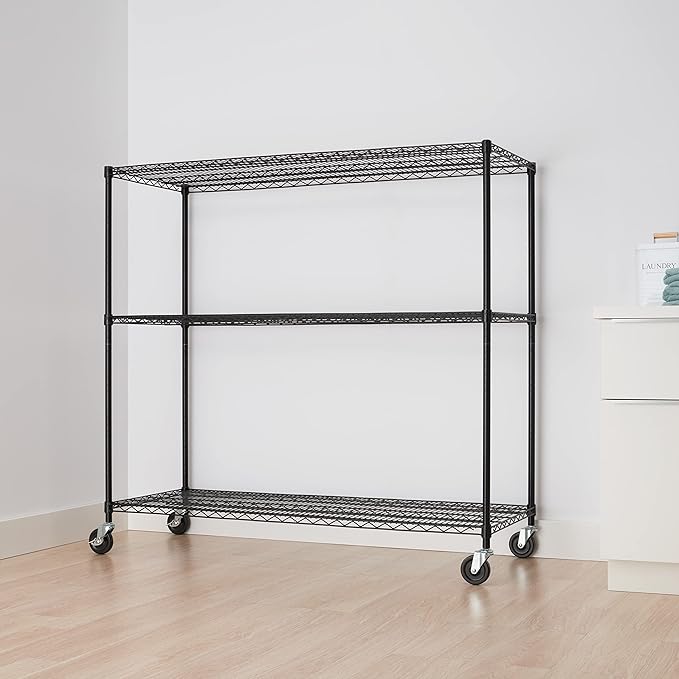 Trinity Basics 3-Tier Adjustable Wire Shelving with Wheels for Kitchen Organization, Garage Storage, Laundry Room, NSF Certified, 600 to 1350 Pound Capacity, 60” by 24” by 54”, Black