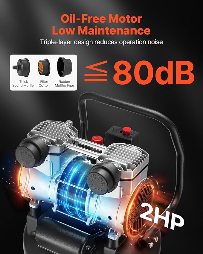 VEVOR 10-Gallon Air Compressor, 2HP 4.8 SCFM at 90PSI, Max 125PSI Pressure Oil-Free Air Compressor Tank, Portable on Wheels for Auto Repair, Tire Inflation, Spray Painting, Woodwork Nailing, 120V