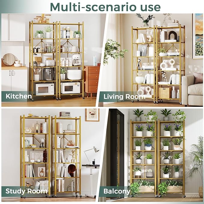 DEANIC 6-Shelf Folding Bookcase with Wheels, Heavy Duty Storage Shelves, Freestanding Metal Wire Shelving Unit for Living Room, Office, Kitchen, Basement, Pantry (Gold 2 Pack)