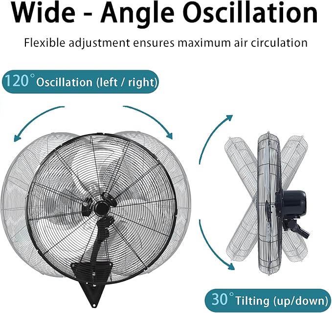 AZOUTDOOR 24" Wall Mount Fan, 120° Oscillating Fan and High Velocity 3-Speed Wall Fans, 8850 CFM Industrial Outdoor Wall Fans for Commercial, Garage, Residential, Warehouse - Etl Listed, Black