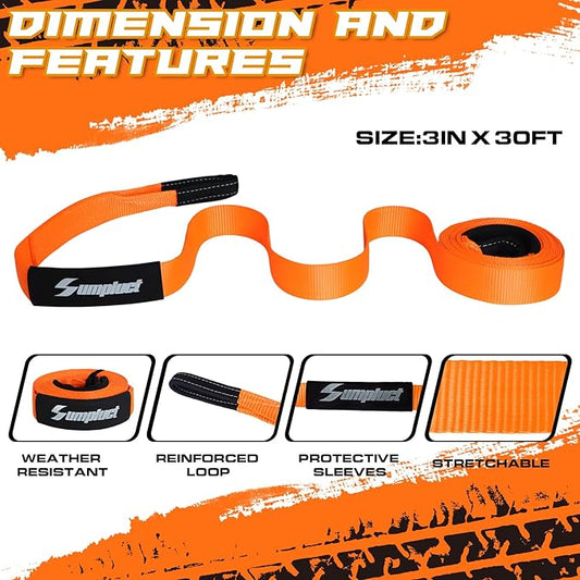Recovery Tow Strap 3in X 30ft Exceed Heavy Duty 36580 lbs Break Strength, Use for Emergency Towing Rope, Tree Saver, Winch Extension, Triple Reinforced Loops,Car Accessories