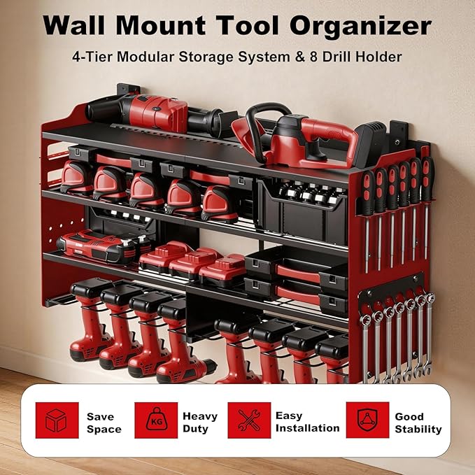 oviitech Large Power Tool Organizer Wall Mount, 8 Drill Holder Wall Mount Loads 400lbs, 4 Layer Heavy Duty Metal Power Tool Storage, Red, Utility Rack for Garage Workshop