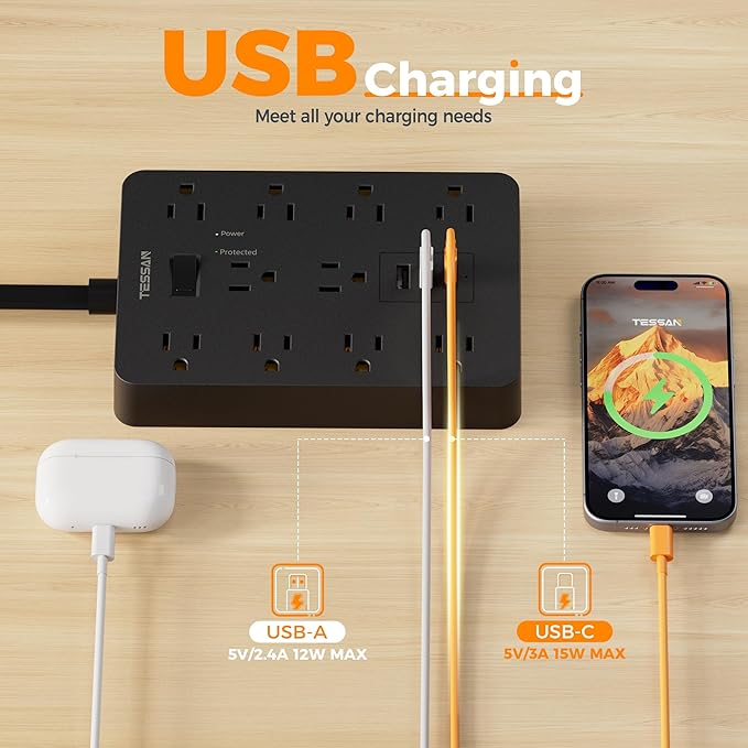 Surge Protector Power Strip Black, TESSAN Flat Plug Extension Cord 10 FT with 10 Widely AC Outlets 3 USB(1 USB C), 1700J Protection Multi Plug Charging Station for Home, Office, College Dorm Room