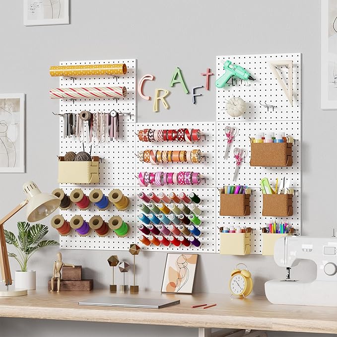 Spampur Peg Board, 4 Pack Metal Peg board Panels, White PegBoard Wall Organizer for Office, Craft Room Storage and Organization, Garage Tool Storage, Sewing Room, Workbench, Kitchen