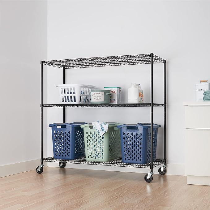 Trinity Basics 3-Tier Adjustable Wire Shelving with Wheels for Kitchen Organization, Garage Storage, Laundry Room, NSF Certified, 600 to 1350 Pound Capacity, 60” by 24” by 54”, Black