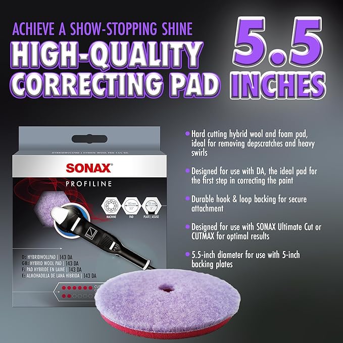 SONAX Hybrid Wool Pad 493800 | Heavy Cut Polishing Pad for Dual-Action Machines | Reduces Polishing Time | Removes Deep Scratches & Matting | 85% Wool, 15% Polyester | Low Heat Generation | 143mm