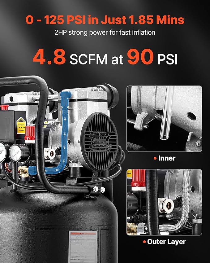VEVOR 10-Gallon Air Compressor, 2HP 4.8 SCFM at 90PSI, Max 125PSI Pressure Oil-Free Air Compressor Tank, Portable on Wheels for Auto Repair, Tire Inflation, Spray Painting, Woodwork Nailing, 120V