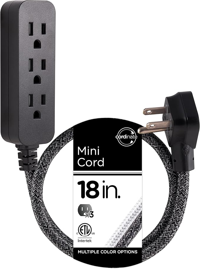 Cordinate Designer Mini 3-Outlet Power Strip, 18 in Braided Extension Cord, Grounded Adapter, Low-Profile Flat Plug, ETL Listed, Black/Dark Heather, 47298