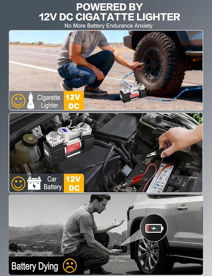GSPSCN 6X Faster Inflation Portable 12V Air Compressor Pump Digital Display Tire Inflator with LED Flashlight, Heavy Duty Dual Cylinder Tire Pump 150 PSI for Auto,SUV,Off-Road,Truck,RV,Bike etc