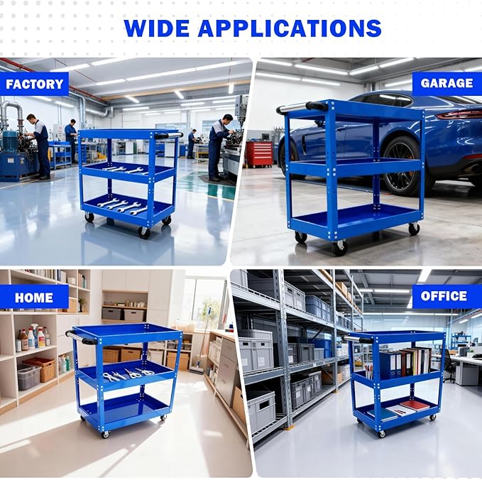 3 Tier Rolling Tool Cart with Wheel - Heavy Duty Metal Utility Shop Carts Organizer Mobile Tool Storage Service Small Work Cart for Maintenance Garage Mechanics Industrial