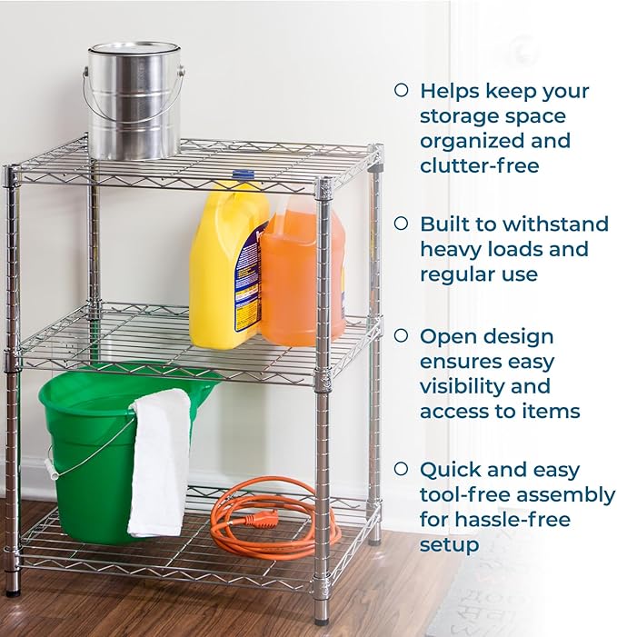 Honey-Can-Do 3-Tier Heavy-Duty Adjustable Shelves, Metal Storage Rack with 250-lb Shelf Capacity, Chrome, 14" W x 24" L x 30" H