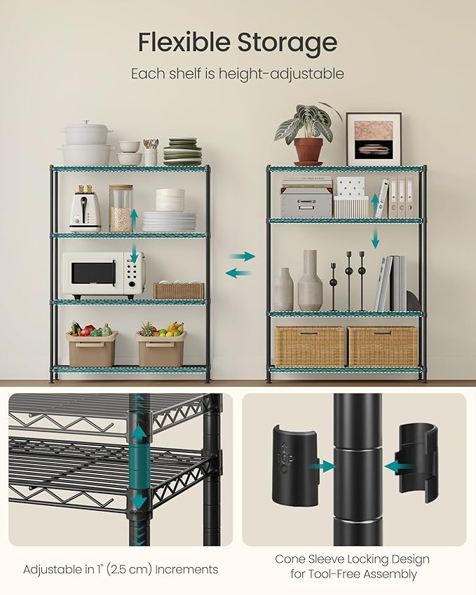 SONGMICS Storage Shelf, Metal Wire Shelving Unit, Adjustable Shelves, for Garage, Bedroom, Living Room, Kitchen, Pantry, 4 Tier, 11.8 x 35.4 x 47.6 Inches, Ink Black ULGR194BH01S