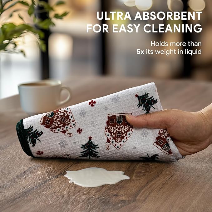 RECYCO Christmas Waffle Kitchen Towel Set of 2 - Quick Dry Microfiber Sustainable Dish Towels - Ultra Absorbent Reusable Cleaning Tea Towels - Lightweight Hand Towels,16”x 28”, Gingerbread Joy