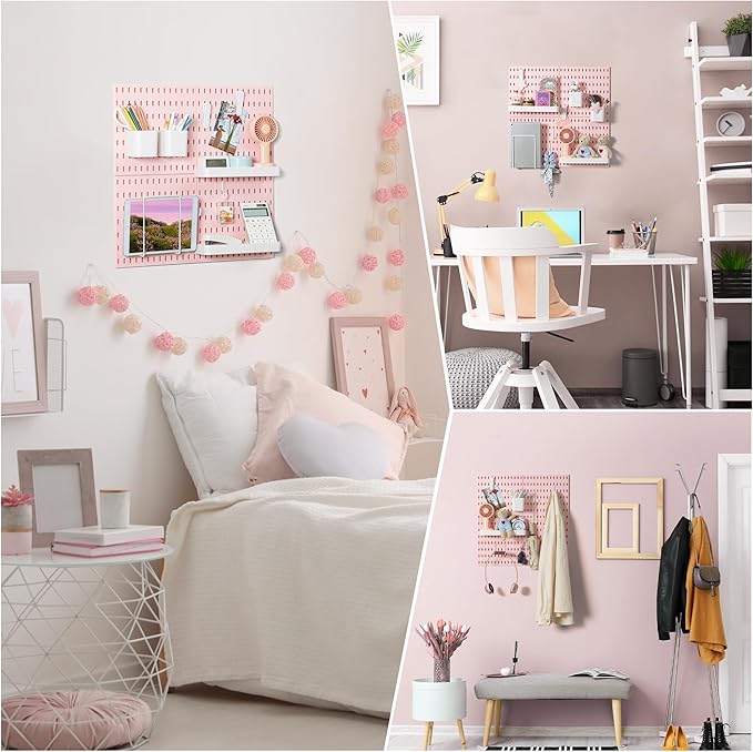 VUSIGN Pegboard Combination Wall Organizer Kit, 4 Pieces Pegboards and 17 Accessories Modular Hanging, Wall Mount Display Peg Board Panel Kits for Bedroom, Home, Office, Bathroom, 22" x 22", Pink