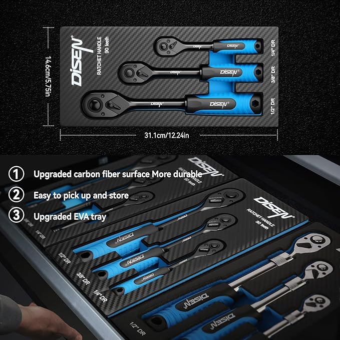 DISEN 3PCS Black Ratchet Set (1/2", 3/8", 1/4" Drive) - 90-Tooth Drive Ratchet Socket Wrench Reversible with Non-slip Rubber Grip, Quick Release & EVA Tray - Professional Ratchet Wrench Handle Kit