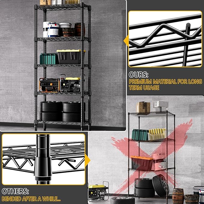 M MZG 1250 lbs 5 Tier Shelf Metal Storage Shelves Wire Rack Closet Organizers for Garage Kitchen Bathroom Laundry Black 11.8" D x 23.6" W x 59.5" H