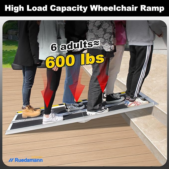 Ruedamann 6FT Portable Wheelchair Ramp, Non-Slip Aluminum Folding Handicap Ramp for Doorways, Wheel Chair Threshold Ramp for Home Steps, Stairs, Wheelchair, Scooters, Pets, Entry