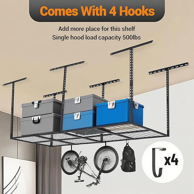 GarveeLife 3x8 ft Heavy Duty Overhead Garage Storage Rack, Adjustable Ceiling Storage Racks with 600 LBS Weight Capacity, Metal Garage Storage Organization Systerm, Black