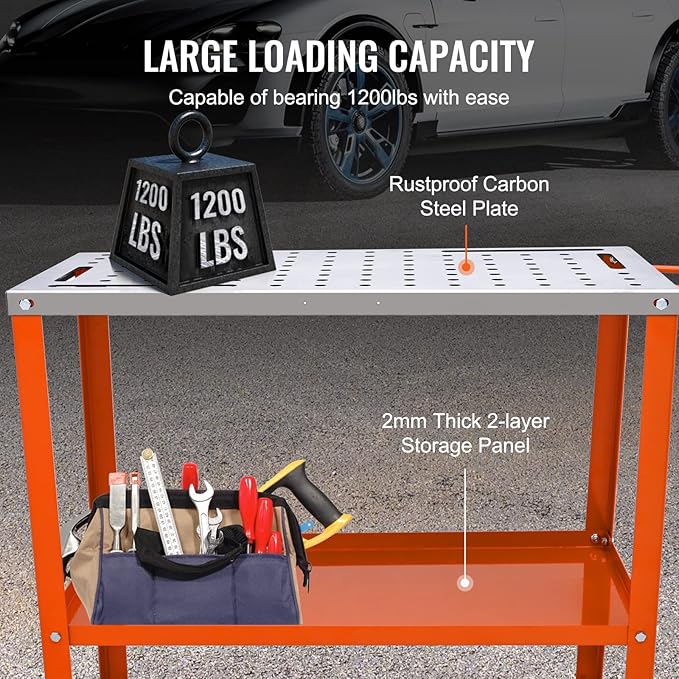 VEVOR Welding Table 36x18, 1200lbs Capacity Steel Welding Workbench on Wheels & Insert Pliers, 5/8" Insert, 2" Throat Depth, 2-3/8" Opening, Table-Mounted Clamp
