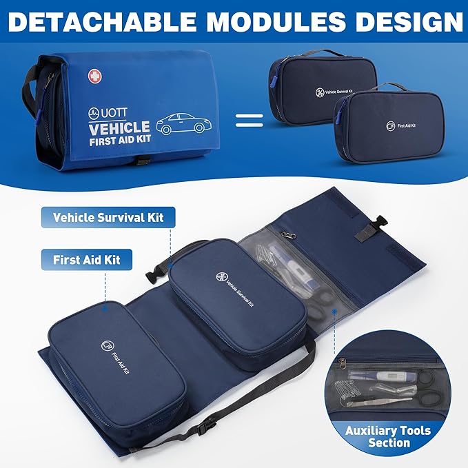 UOTT First Aid Kit for Car – Vehicle Emergency Kit with Detachable Modules, Window Breaker, Splint, Reflective Vest – for Travel, Commute & Roadside Emergencies, Compact Blue Bag