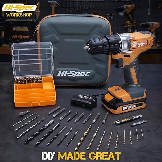 Hi-Spec 58 Piece 18V Cordless Drill Driver & S2 Steel Bit Set in a Zipper Case. Electric Power Screwdriver & Drilling DIY Tool for Metal, Wood & Masonry in the Home, Garage & Workshop