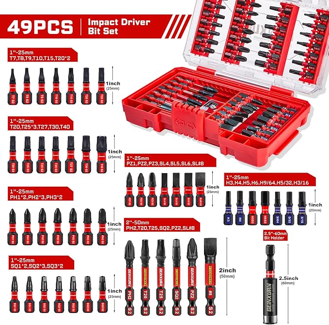 Geinxurn 49Pieces Impact Screwdriver Bits Set, Magnetic S2 Steel Phillips/Slotted/Square/Torx Insert Power Bits Tips, Impact Bit Holder with Red Storage Box Case