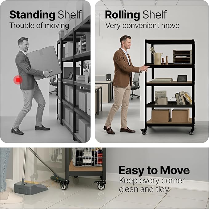 HOMEDANT House 48.1" 5-Tier Metal Rolling Cart Shelf Rack Casters Heavy Duty Laminated Wheel Shelving Unit Adjustable Utility Storage Shelves Shelf Kitchen Garage Black 1Pack