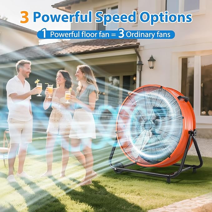 LifePlus 24 Inch Industrial Drum Fan, 320W High Velocity Floor Fan, 3 Speed Heavy Duty Metal Air Circulator, 360° Tilt with Casters Handle ETL Standard for Patios, Warehouse, Commercial, 8900CFM