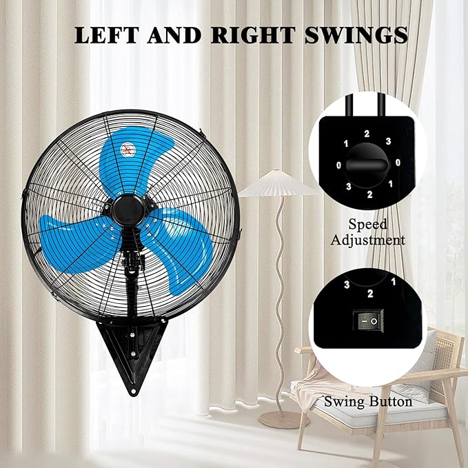 AZOUTDOOR Wall Mount Fan 7000 CFM, 20" High Velocity Wall Oscillating Fan 3-Speed Industrial Walls Fans for Indoor, Ercial, Residential, Industrial, Warehouse, Greenhouse, Workshop, Basement Use-ETL