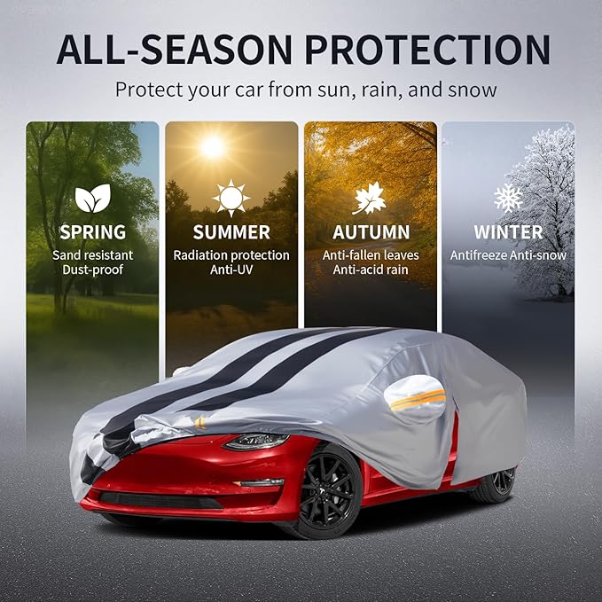 Multi-Layer Car Cover Custom Fit for Tesla Model 3(2017-2026), 100% Waterproof All Weather for Automobiles, Gift with Towel, Heavy Duty Car Covers for Rain Sun UV Protection with Door Zipper