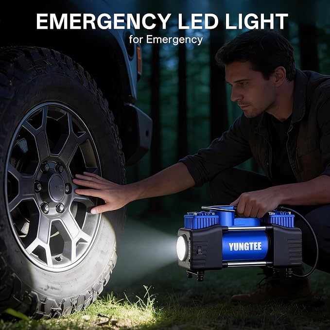YUNGTEE Blue Tire Inflator Heavy Duty Double Cylinders Direct Drive Inflation Pump,12V Portable Air Compressor Pump with Emergency LED Light - 150PSI Tire Pump,Apply to Car,Suv,RV