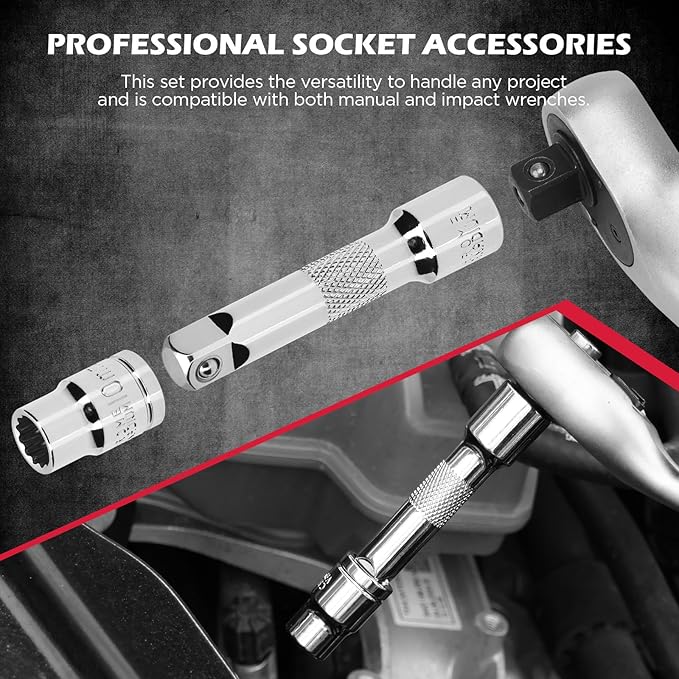 12-Piece 1/4" & 3/8" Drive 10mm Socket Set with 3-inch 3/8 & 1/4 Extension Bars | Deep & Shallow Mirror Finish Socket Set | Magnetic Storage Rail | Cr-V | 6 Point & 12 Point (13 Pack)