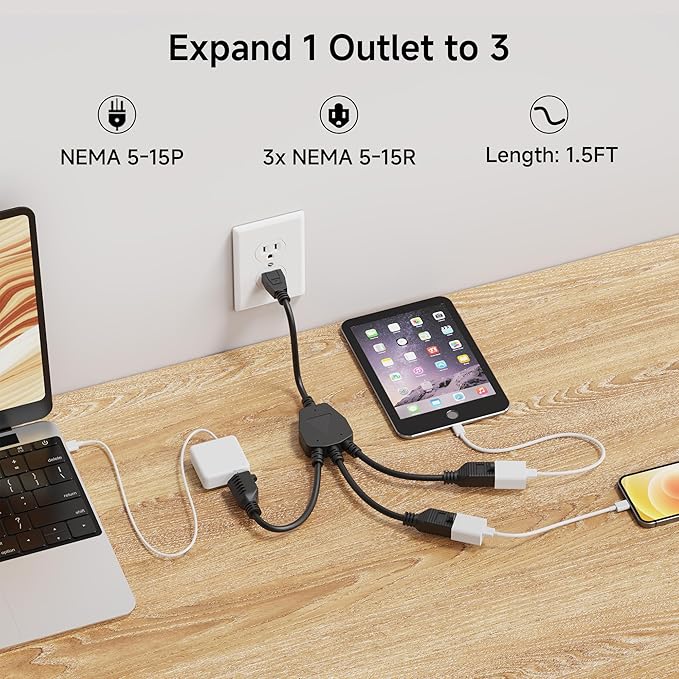 [ETL Listed] Cable Matters 2-Pack 3 Outlet Power Splitter Cord - 1.5ft, NEMA 5-15P to 3X NEMA 5-15R, 16 AWG Outlet Saver, 3 Way Extension Cord Splitter